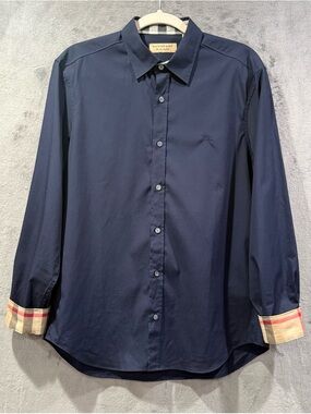 Burberry Brit Shirt Mens L Navy Blue Nova Check Cuffs Button Down Long Sleeve